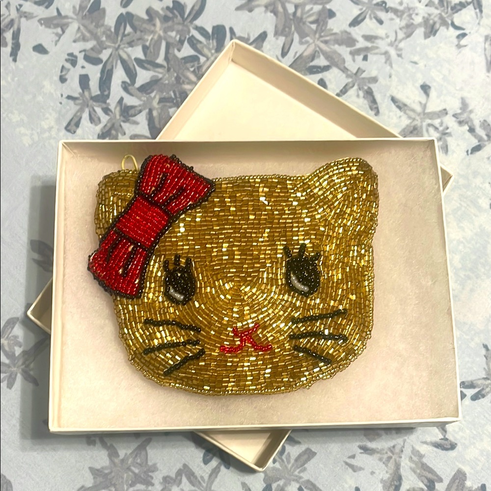 Gold Beaded Cat Coin Purse with Red Bow